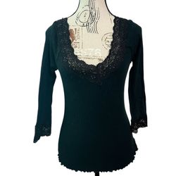 Vintage Discontinued The Limited 2005 Y2K Black Lace Trimmed Ribbed Top Blouse Size Small