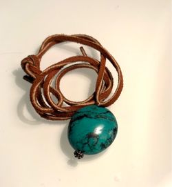 vintage brown leather corded tibetan chunky turquoise nugget pendant