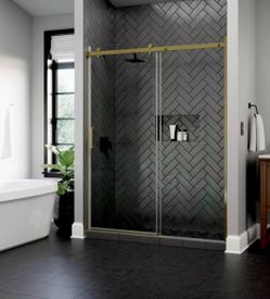 Delta Commix 54-3/8 to 60 in. W x 76 in. H Frameless Exposed Roller Sliding Shower Door in Gold with 5/16 in. Clear Glass