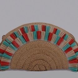 Fringe Trim Vacation Straw Bag in Color Block Khaki Design

