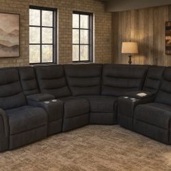 Dark Gray Reclining Sectional Sofa with Cup Holders – Power Recliner Couch – Professionally Cleaned