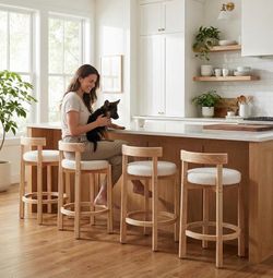 Mid Century Linen Counter Stools Set of 4, Upholstered 26.5” Seat Height Low Barstools with Natural Wood Legs Round Low Back Kitchen Stools with Footr