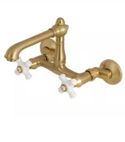 Kingston Brass (Brand Rating: 4.1/5) English Country 2-Handle Wall-Mount Standard Kitchen Faucet in Brushed Brass