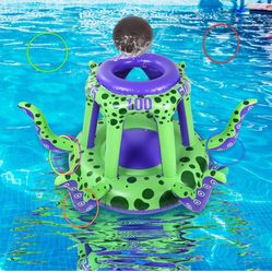 Conderyang Large Octopus Pool 2-in-1 Floating Pool Basketball Hoop Games with Ball Ring Toss Inflatable Water Floats for Ad