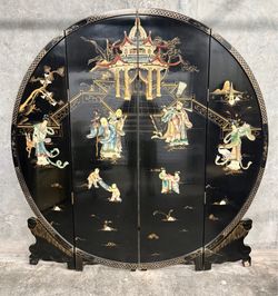 Vintage Chinese Black Lacquer & Mother of Pearl 4 Panel Folding Screen 72x71¾