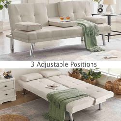Eafurn Convertible Folding Futon Sofa Bed with Removable Armrests, Faux Leather Upholstered Adjustable Recliner Couch Daybed Loveseat with 2 Cup Holde