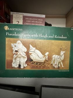 Traditions White Porcelain Santa With Sleigh and Reindeer Christmas Centerpiece