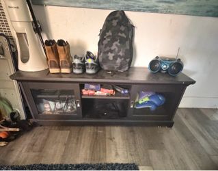 Dark Brown Wood TV Stand with Glass Doors