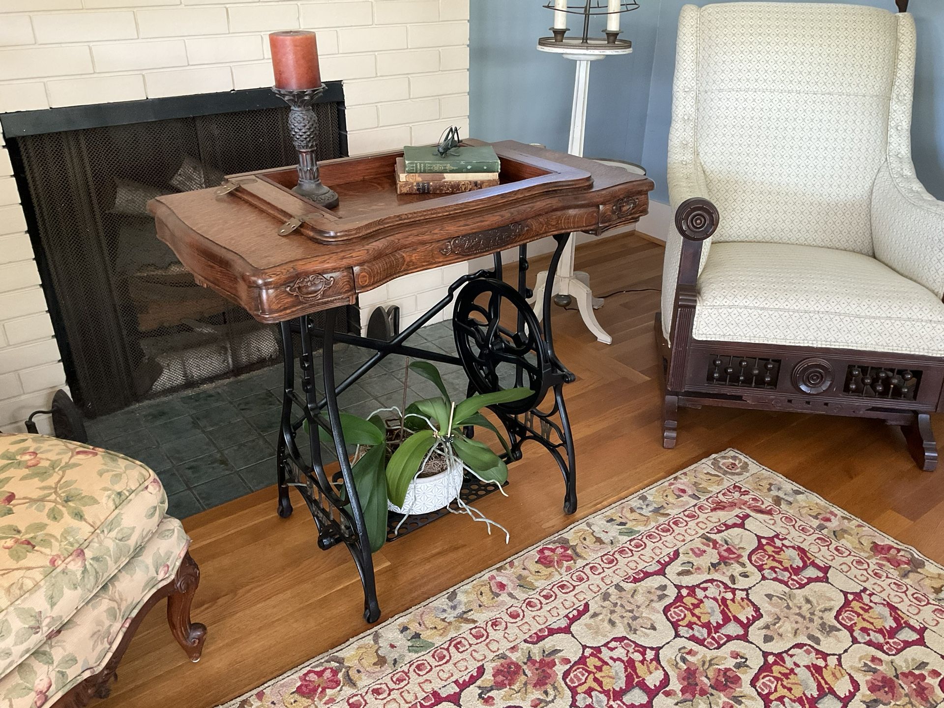 Entry / Sofa Table Made From Antique White Treadle Sewing Machine Cabinet
