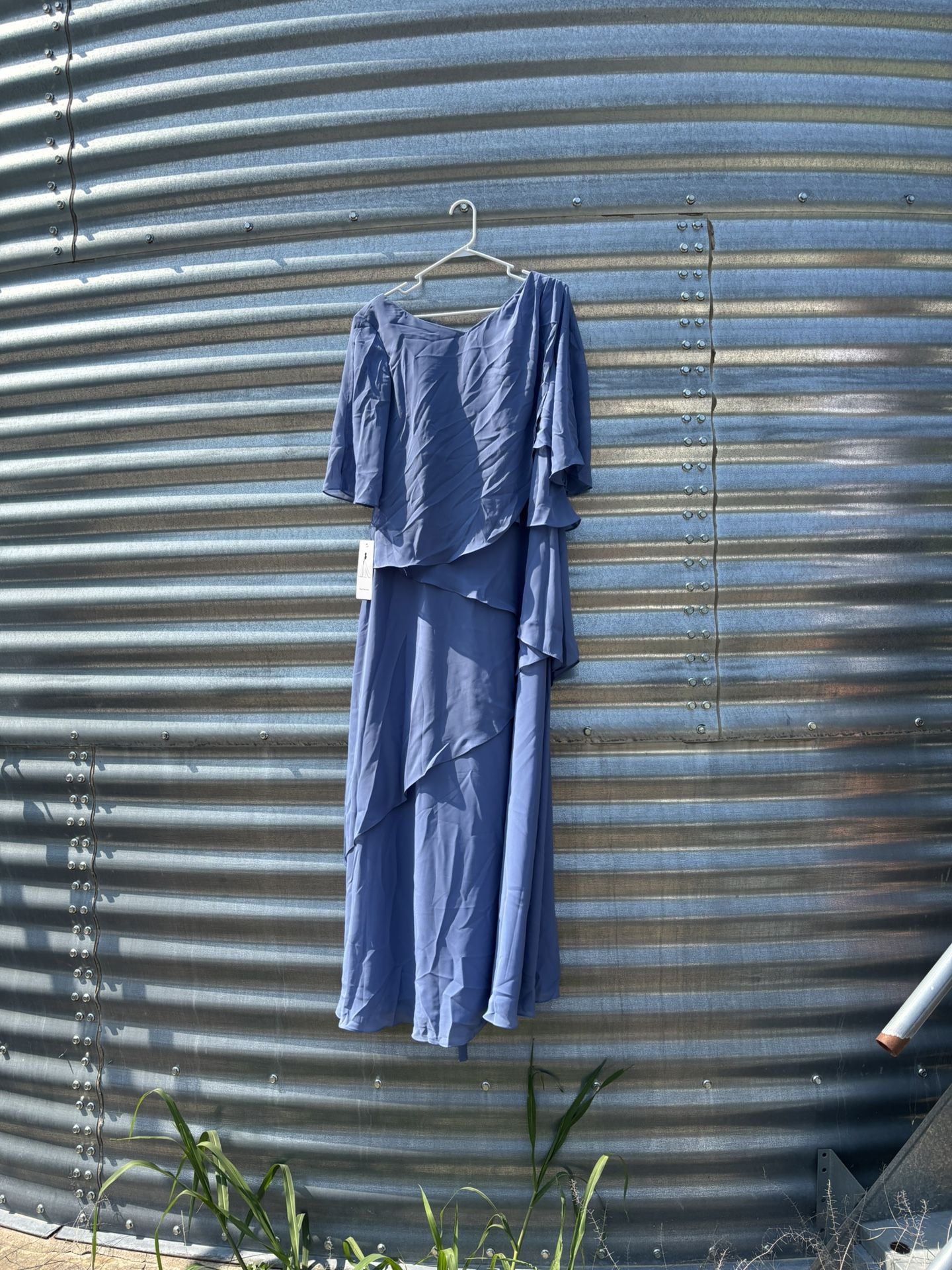 Dusty Blue Ruffled Floor Length Short Sleeve Formal Chiffon Dress