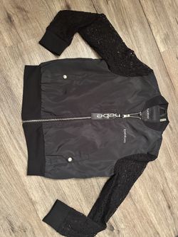 Bebe Black Lace Zip Up Sleeve Bomber Jacket With Pockets Size Medium 