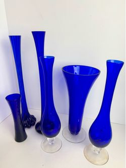 Vintage Cobalt Blue Art Glass Bud Vases Set Mid Century Scandinavian Style