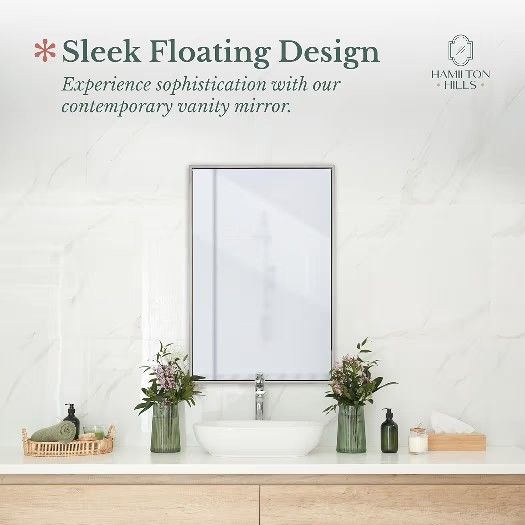 Hamilton Hills 24x36 inch Polished Silver Metal Framed Wall Mounted Mirror - Large Rectangular Wall Mirrors for Bathroom - 1/2 inch Floating Frame Van