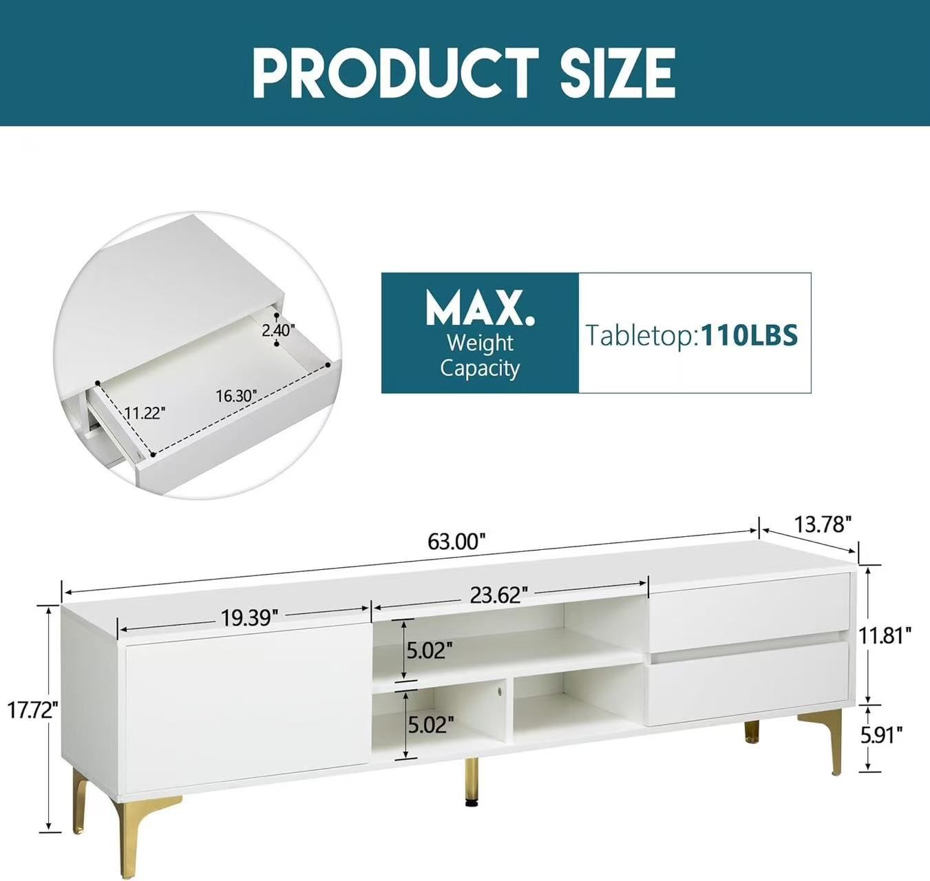 🥨White TV Stand ,TV Cabinet for 65 inch TV.,Entertainment Center Media Console,UV Bloom Drawer Panel,Gold Metal Table Legs, for Living Room, Bedroom