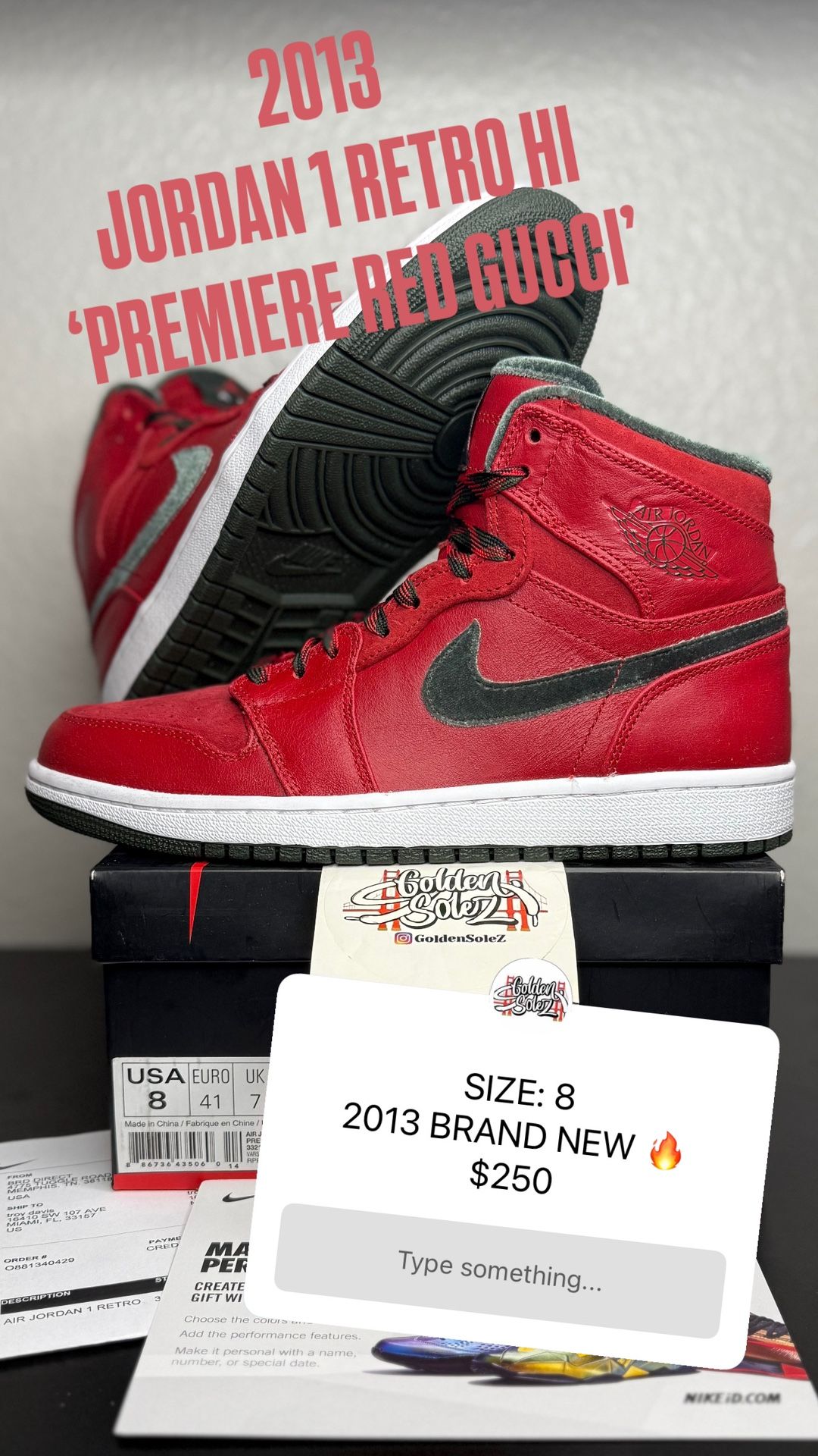 2013 Jordan 1 Hi Gucci Sz 8 $250