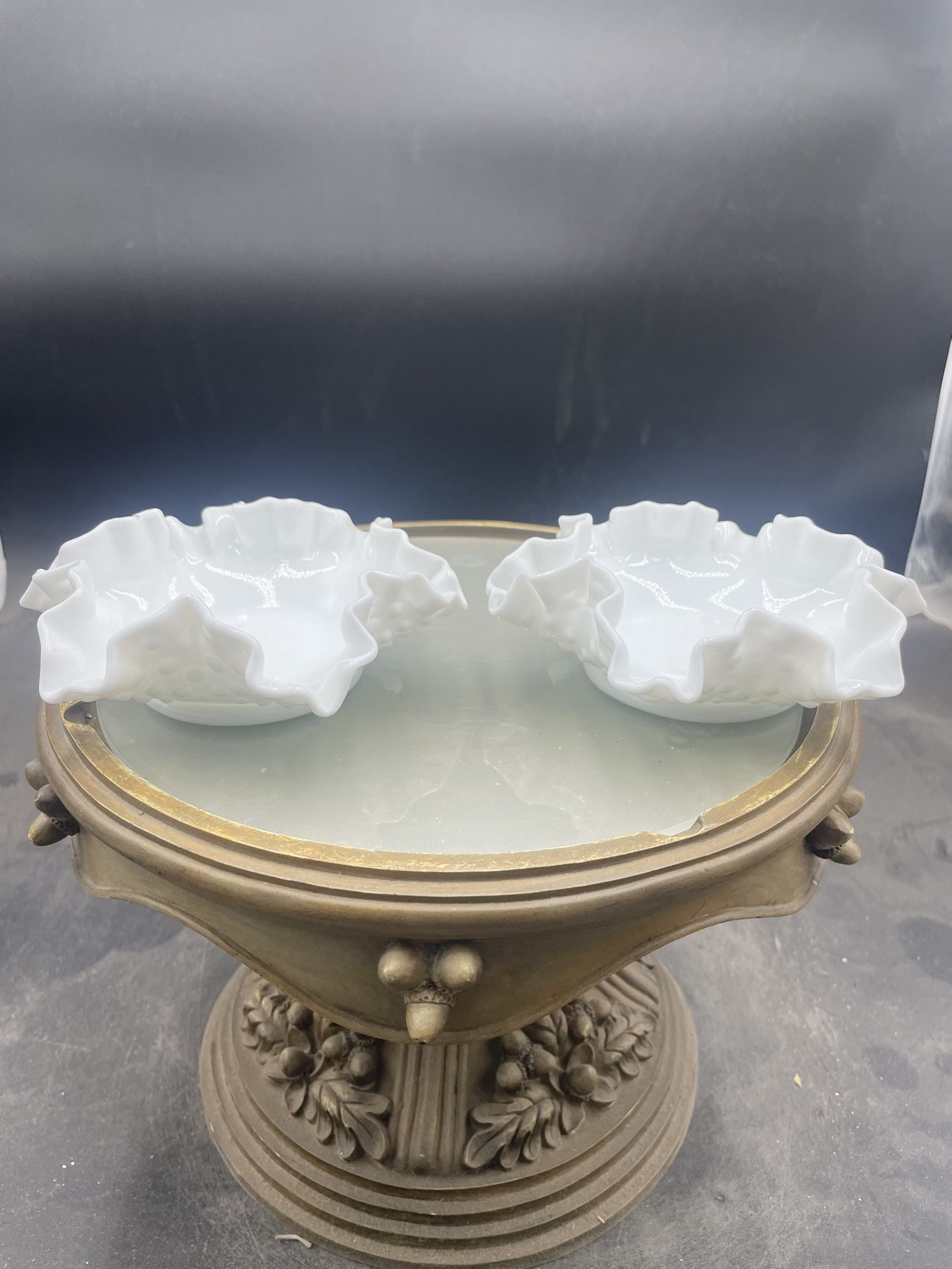 VINTAGE PAIR Of FENTON MILK GLASS HOBNAIL BOWLS RUFFLED EDGE 5.5” LN