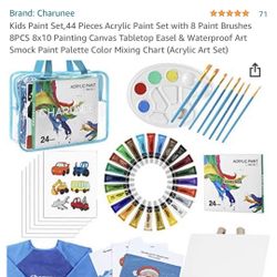 Kids Paint Set,44 Pieces Acrylic Paint Set with 8 Paint Brushes 8PCS 8x10 Painting Canvas Tabletop Easel & Waterproof Art Smock Paint Palette Color Mi