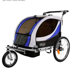 Deluxe 3-in-1 Double 2 Seat Bicycle Bike Trailer Jogger Stroller for Kids Children | Foldable Collapsible w/Pivot Front Wheel