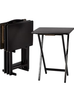 Portable TV Dinner 4-Pack Rectangular Folding Tray Table with Storage Rack, Black, 15" x 19" x 26" 