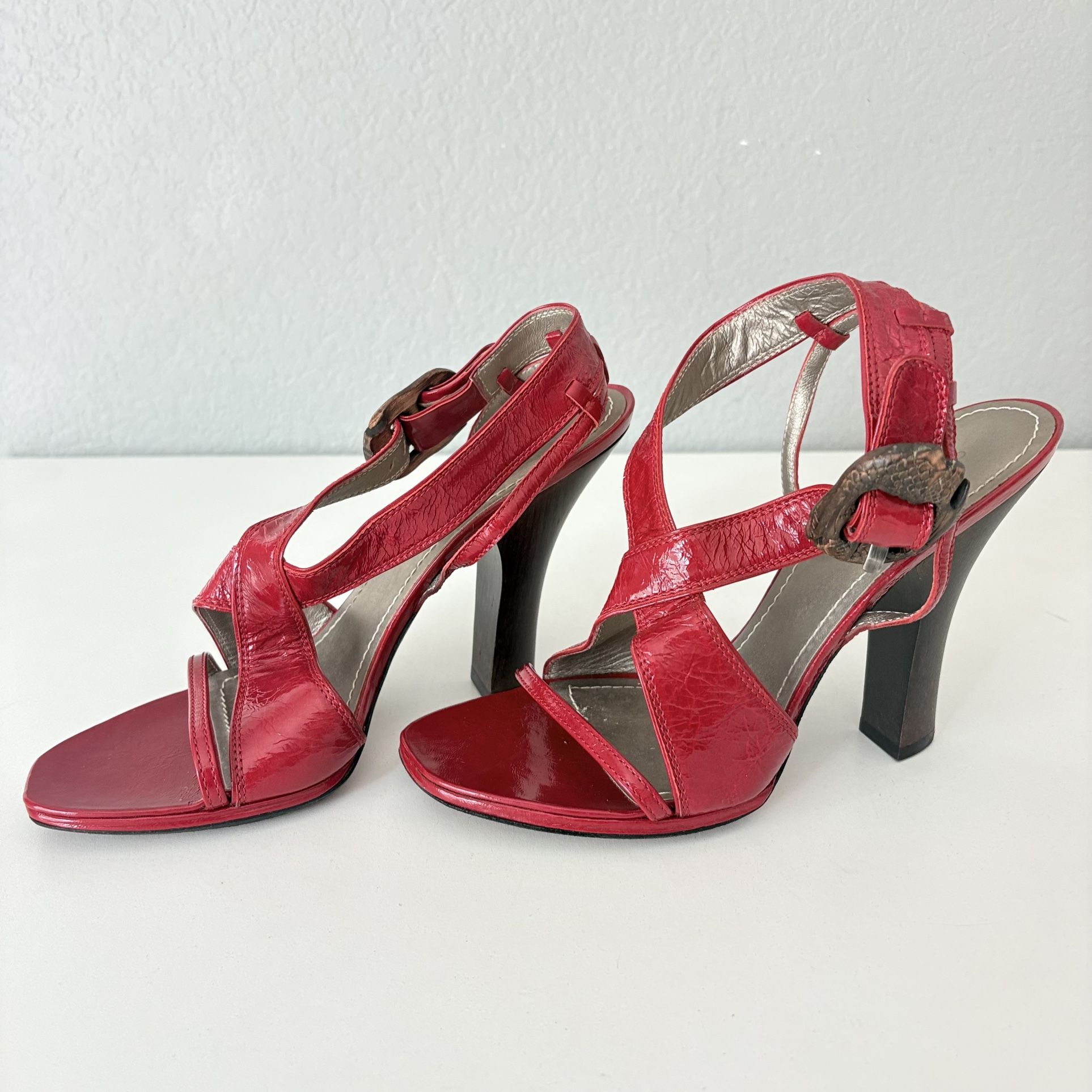 Costume National Red Leather 4.5” Block Heels Sandals Shoes Womens 38 US 8 Italy