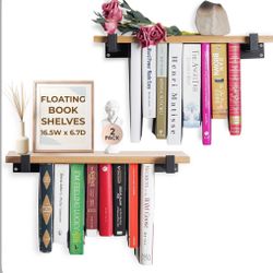 VEBAVO Floating Bookshelves Set Of 2 - Double Storage Unique Wall Bookshelf - Natural Wood & Metal B