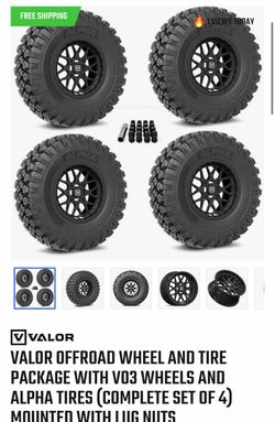 VALOR OFFROAD WHEEL AND TIRE PACKAGE WITH V03 WHEELS AND ALPHA TIRES (COMPLETE SET OF 4) MOUNTED WITH LUG NUTS
