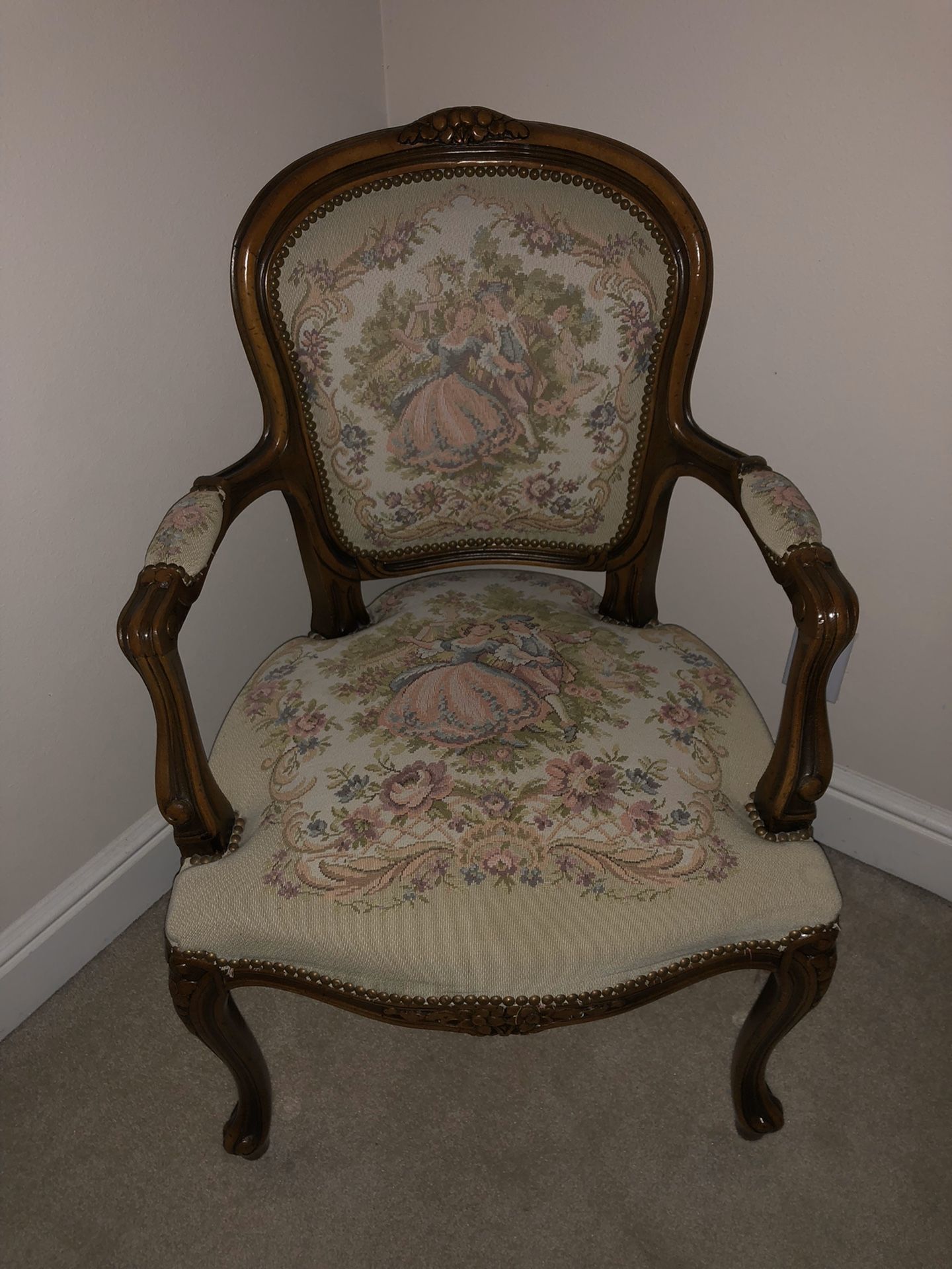 Antique, wood, embroidered chair