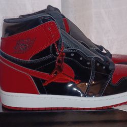 AIR JORDAN RETRO 1 OG HIGH PATENT BRED SIZE 11 DEADSTOCK NEW WITH FOOTLOCKER RECEIPT 