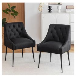 Modern Dining Chairs Set of 2, Mid Century Kitchen Chairs with 5.12” Cushions and Metal Legs, Upholstered Dining Chairs with Back Pull Rod for Kitchen