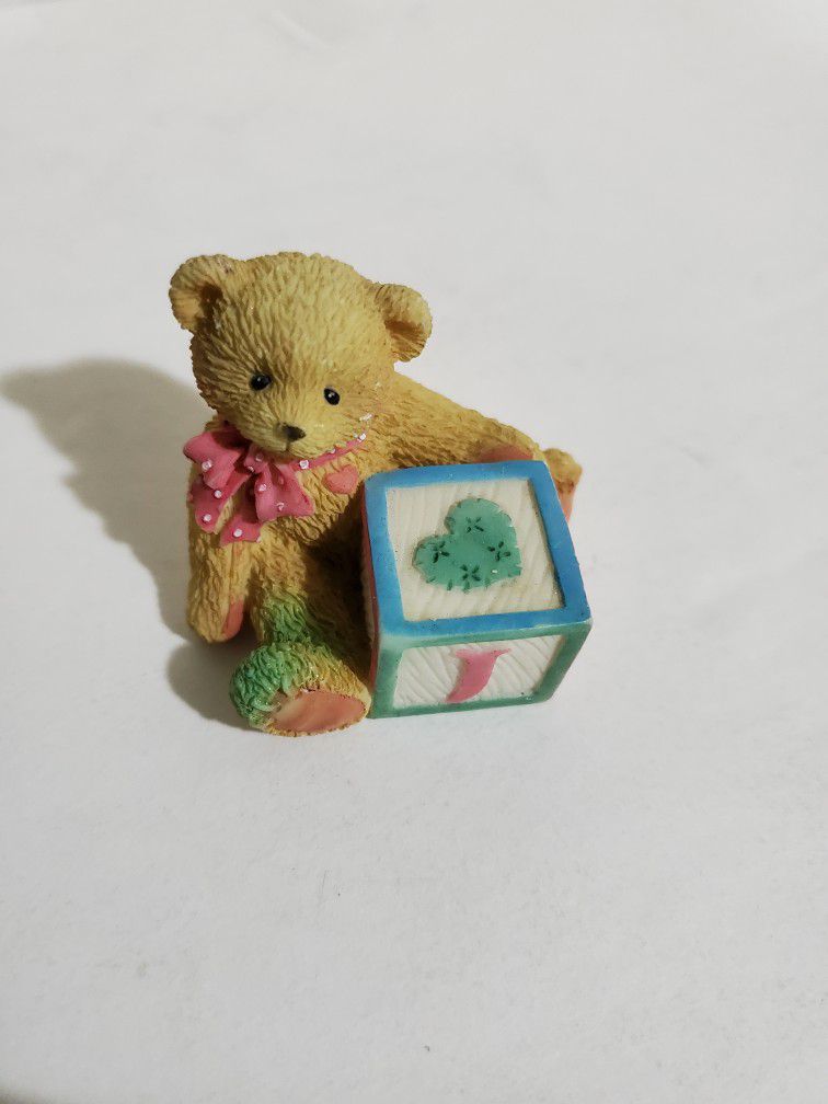 Vintage Cherished Teddies J Bear Figurine Holding Pink Box Green Heart