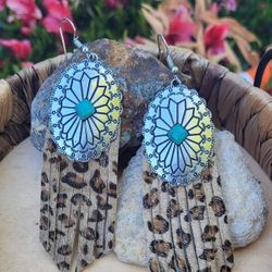 Western Silver Tone Leopard Print Concho Earrings