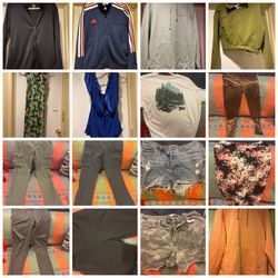 Collection of various clothing items including shorts $3, pants $11, hoodies and sweatshirts $10 along with home decor items like vases $2 and cushion