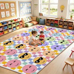7.6x12 Ft Large Smile Face Classroom Rug Elementary Pastel Classroom Rug Non-Slip Thick Educational Area Mat For Preschool Elementary School Playroom 