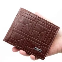 Men's Brown Bifold Wallet Geometric Plaid Design with Card Slots