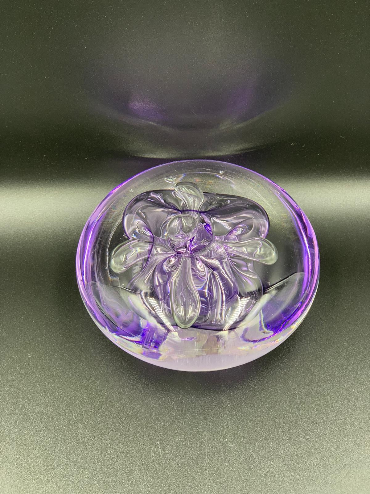 Rollin Karg Art Glass Paperweight, Purple with controlled bubble, signed.
