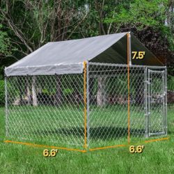 New In Box Large Galvanized Dog Kennel - UV Water Resistant TARP Roof,  easy Assembly 6.6' x 6.6' x 7ft Animal Cage 