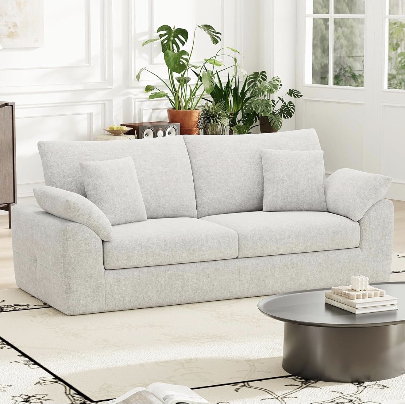 New 90" Boneless Loveseat Sofa, Cloud Foam Couch, 3 Seater Upholstered Midcentury Mondern Love Seat, Wide Armrest and 4 Pillows for Home Living Room/S