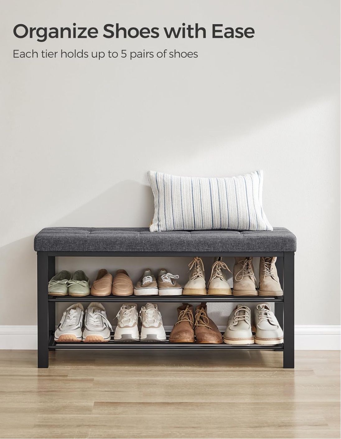SONGMICS Shoe Bench, 3-Tier Shoe Rack for Entryway, Storage Organizer with Foam Padded Seat, Linen, Metal Frame, for Living Room, Hallway, 12.2 x 39.4