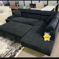 💥 Brand New👉 Foreman Black Sectional Black Sectional With Pull Out Sleeper☄️ $39 Down Payment💰