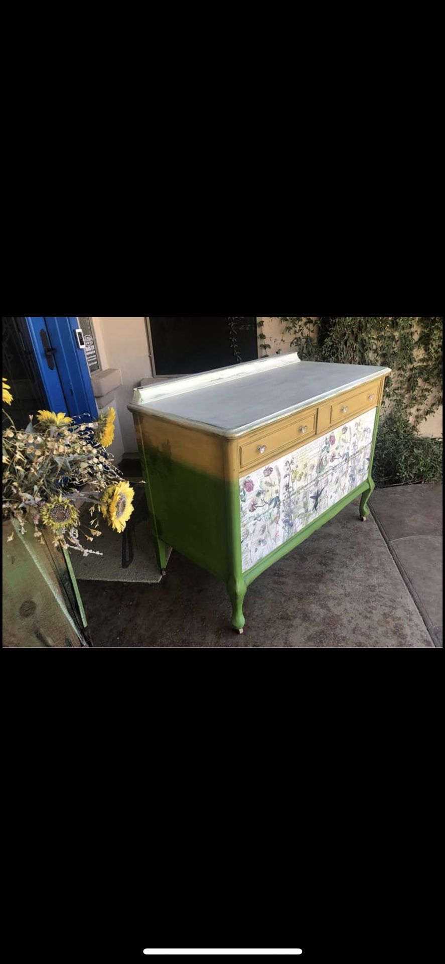 Antique Vintage Dresser with Wildflowers and Hummingbirds