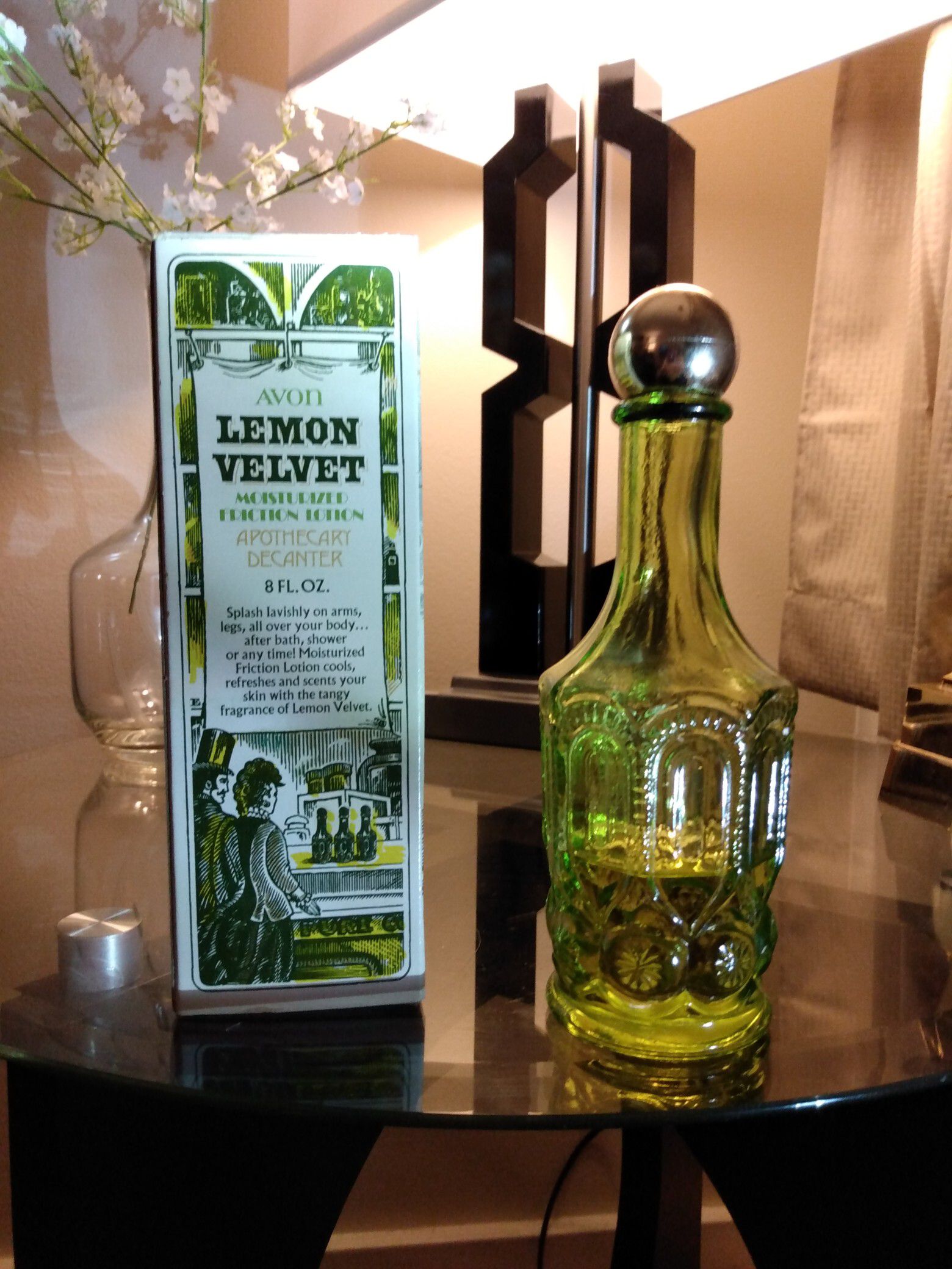 Vintage Avon Lemon Velvet Apothecary Bottle - Moisturizing Friction Lotion - green glass, gold plastic lid, decanter, collectible, box