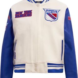 Womens NHL Retro Classics Varsity Jacket large   Color: Eggshell/Royal Blue  Fabric type 47% Polyester, 25% Acrylic, 16% Nylon, 12% Wool Care instruct