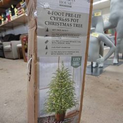 4-Foot Cypress Potted Tree with Warm White LED Lights