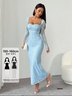 SHEIN PETITE Women’s Summer Elegant Light Blue Lace Maxi Dress