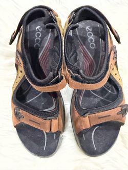 ECCO Women’s Sport Sandals Brown Black Leather Hook & Loop Outdoor Walking Shoes
