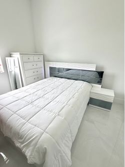White Queen Sized Bed Fram with Mirror LED Headboard