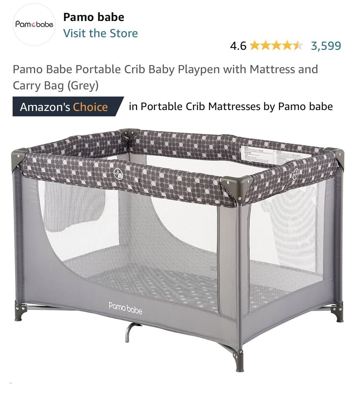 BRAND NEW PAMO BABE Portable Crib/Playpen with Mattress and Carry Bag (Grey)