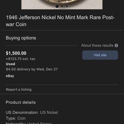 1946 Jefferson  Nickel No Mint Mark Very Rare Post War Coin