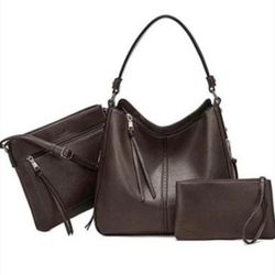 3-piece vegan leather handbag set in dark brown, NEW