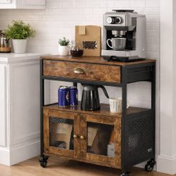 Coffee Bar Cabinet, 24 Inch Farmhouse Bar Cabinet with Storage, Movable Coffee Table with Wheels & Mesh Door, Sideboard Buffet for Kitchen, Entryway